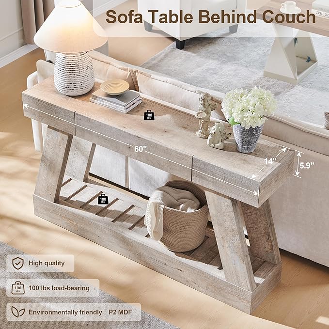 60" Farmhouse Entryway Table with Drawer, Wooden Hallway Foyer Table with Heavy Duty Base(Light Rustic Oak)