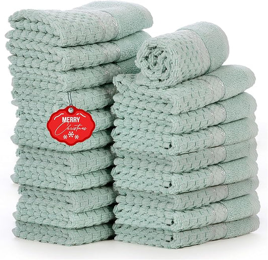 Ample Decor 100% Cotton Washcloths Set of 20 12 X 12 Inch - Highly Absorbent, Popcorn Textured - Mulaayam Collection - Mint Green 20Pcs