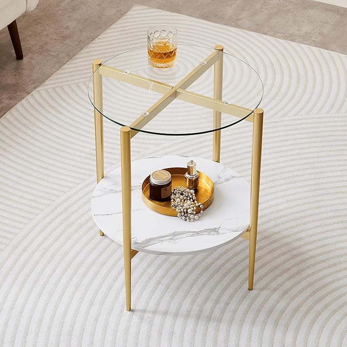 Round Glass End Table, Mid-Century Modern Design Sofa Table for Living Room, D18 x H23 in, 2-Tier Structure, Clear Glass Top and White Marble Shelf, Sleek Conical Legs with Gold Finish Frame