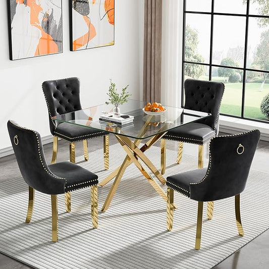 Goujxcy 5 Piece Glass Dining Table Set Modern Small Glass Dining Table Set for 4, 35.43" Square Kitchen Table and 4 Velvet Upholstered Chairs for Kitchen Dining Room, Gold & Black