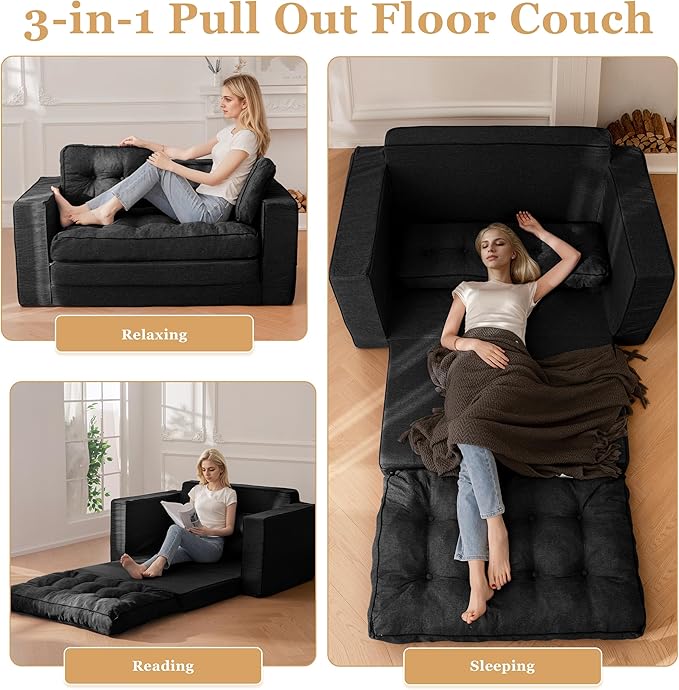 YOSHOOT Loveseat Sleeper Sofa,55" Convertible Sofa Bed Couch Futon Couches for Living Room,3-in-1 Pull Out Floor Couch with Backrest and Pillows, Black
