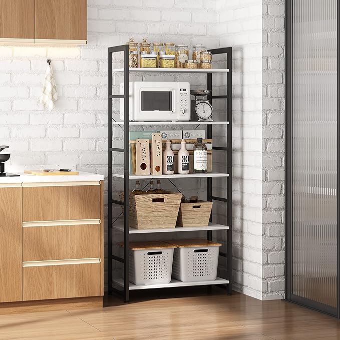 24" Bookshelf, 5-Tier Ladder Shelf, Industrial Bookcase, Wooden and Metal Storage Rack, Shelving Unit for Living Room Entryway Office, White Book Shelves