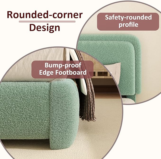 Full Boucle Platform Bed Frame with Height Adjustable Headboard, Modern Upholstered Cloud Bed, Sleek Curved Design, No Box Spring Needed, Easy Assembly, Noise Free,Green