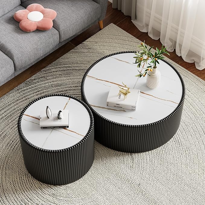 Round Coffee Table Set with Sintered Stone Tabletop, 29.52" Black Drum Center Table and 17.71" Black Coffee Table Set, 2 Pieces Living Room Table Set with Fluted PU Leather Cover& Stable Base