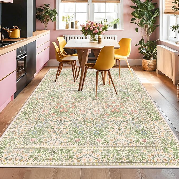 Washable Beige Green 5x8 Area Rug for Large Entryway, Living Room, Kids Room, Boy Bedroom, Playroom - Vintage Oriental Rug Low Pile Non Slip & Stain Resistance (5x8 Beige Green)