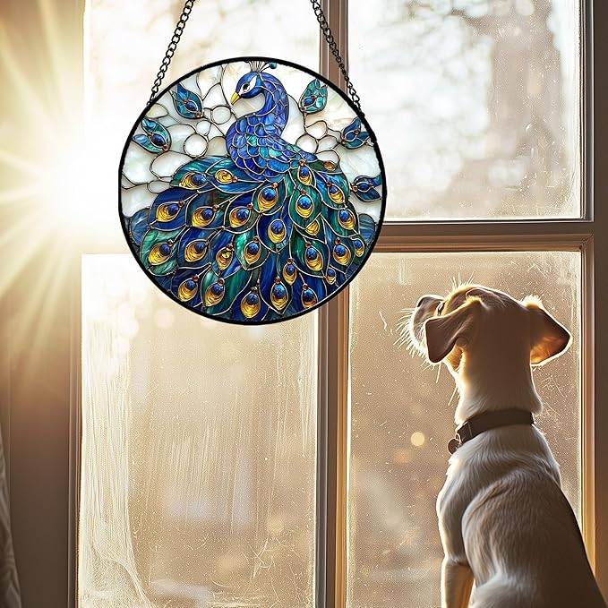 Stained Glass Window Hanging - Peacock Blue Gold Feathers Sun Catcher for Door Garden Home Decor Bird Suncatcher Christmas Mother's Day Birthday Gifts for Women Men Mom Nana 9.8 in