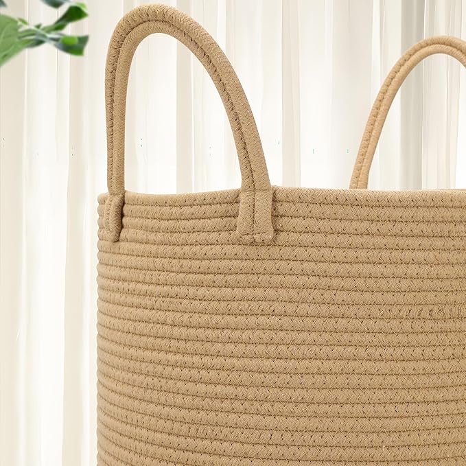 58L Cotton Rope Laundry Basket (20"x15"),Woven Basket for Storage Dirty Clothes Basket for Laundry, Living Room, Nursery, Bedroom Rope Storage Basket for Blankets（Brown）