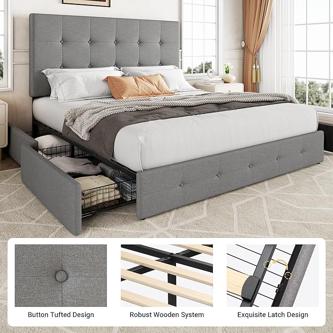 Allewie Upholstered Full Size Platform Bed Frame with 4 Storage Drawers and Headboard, Square Stitched Button Tufted, Mattress Foundation with Wooden Slats Support, No Box Spring Needed, Light Grey