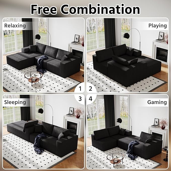 108" Cloud Modular Sectional Couch with L-Shape Chaise, Modern Sectional Sofa with Deep Seat Couch, Ultra Soft Knit Fabric Couches for Living Room, No Assembly Required, Left Facing Chaise (Black)