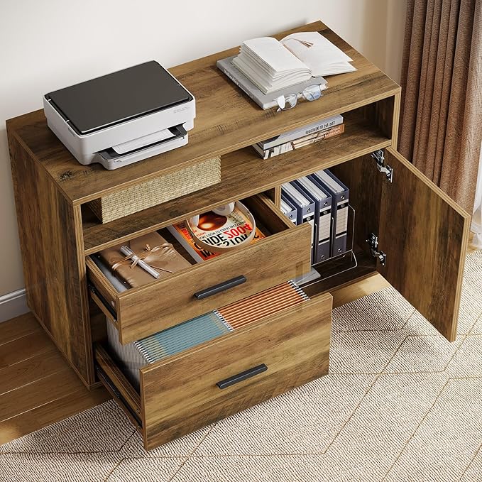 Tribesigns L Shaped Desk with Drawer Cabinet, 63" Executive Computer Desk and lateral File Cabinet, 2 Piece Home Office Furniture with Drawers for Hanging, Door (Rustic Brown, 63 inches)