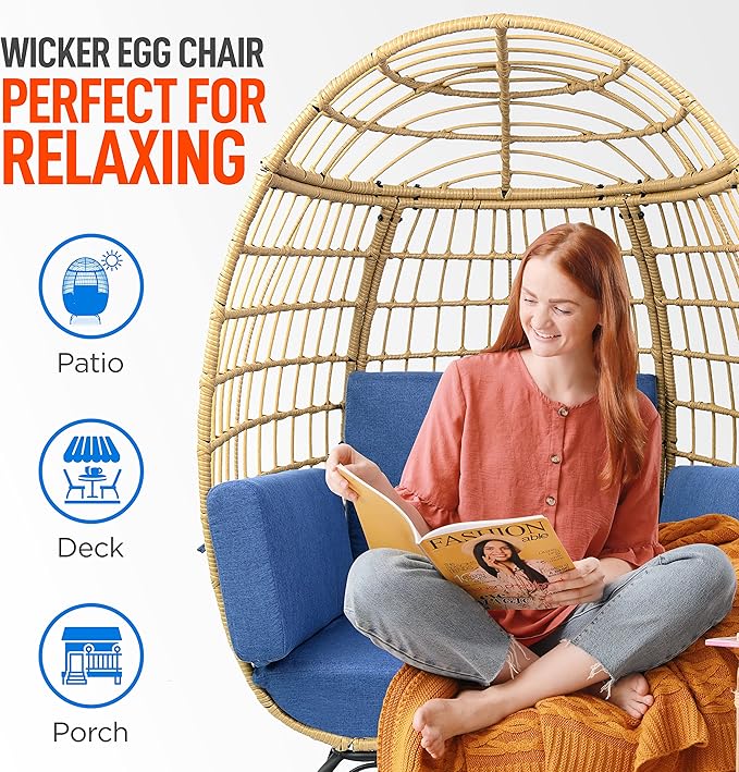 Jovial Wicker Rattan Egg Chair,Indoor Outdoor Blue Sofa Chair for Patio Backyard and Living Room with 4 Cushions and Powder Coated Steel Frame,Woven Texture Contemporary Ribbed Back Design
