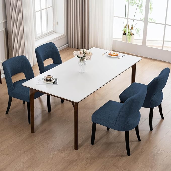 VKNOW Wooden Dining Chairs Set of 4, Modern Fabric Upholstered Dining Room Chair Kitchen Chairs, Farmhouse Dinner Chair for Kitchen Dining Room, Blue-Black Legs