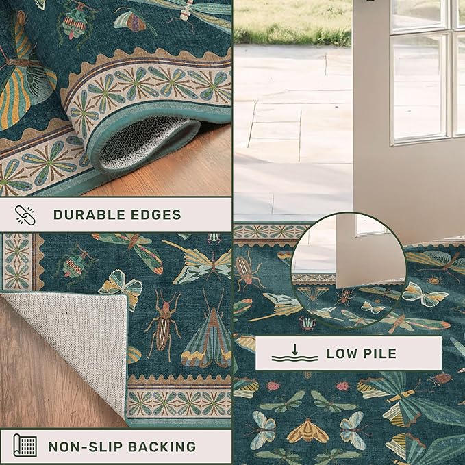 Teal Green Living Room Rugs - 10x14 Large Area Rug for Dining Room, Big Bedroom, Playroom Kids, Foldable Insect Décor