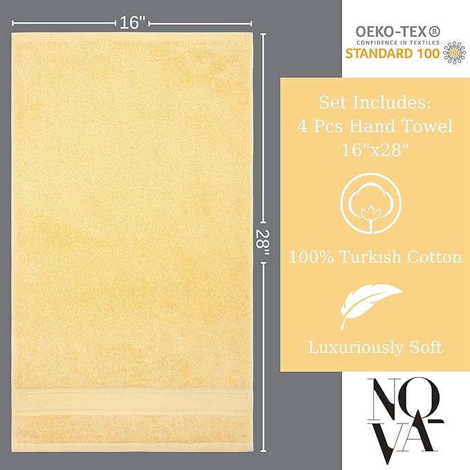 NOVA Luxury Linen - Hotel Quality Turkish Towel Set for Bathroom (4 Pcs Hand Towel Set, Sunlight Yellow)