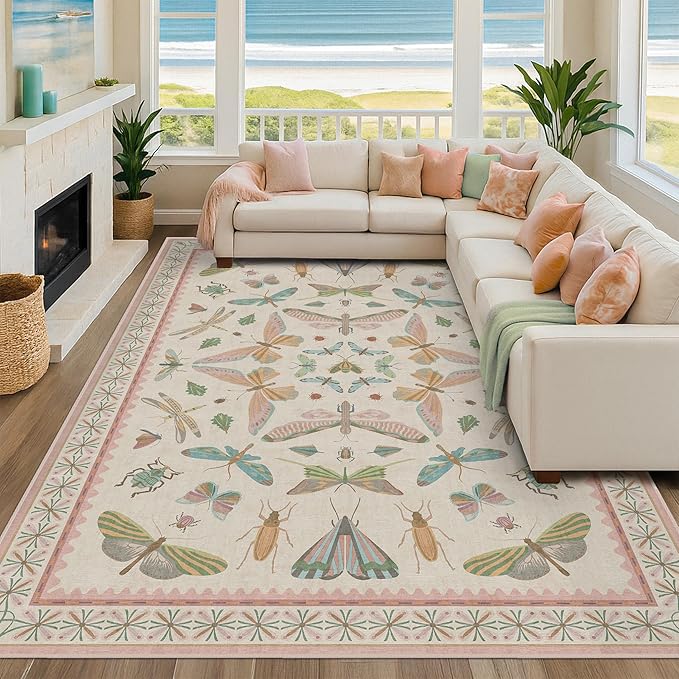7x9 Cute Insect Rugs for Girls Bedroom - Pink and Blue Washable Floral Living Room Rugs, Dining Room Under Table, Insect Print Whimsical Indoor Décor, Low Pile & Soft
