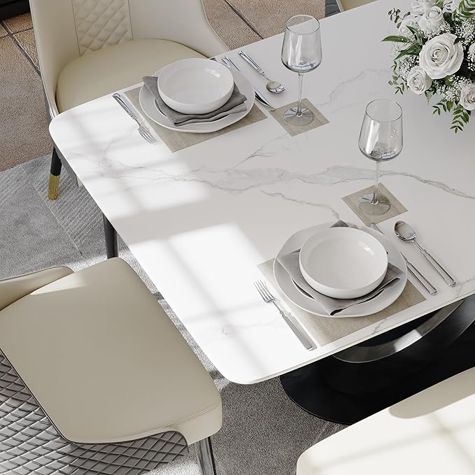 POVISON 63" Modern Dining Table for 4-6 People, Matte White Dining Room Table, Sintered Stone Dinner Tabletop with X-Shape Carbon Steel Pedestal, Rectangle Table for Kitchen Living Room(Table Only)