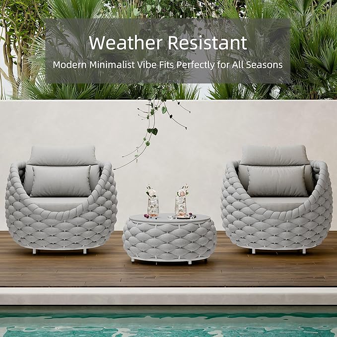 Round Coffee Table for Indoor & Outdoor Use, Aluminum Patio Furniture with Handwoven Ropes, Weather-Resistant for Garden, Terrace & Poolside (Gray)