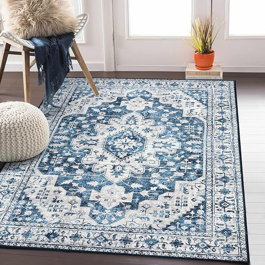 Moynesa Ultra-Thin Washable Vintage Area Rug - 4x6 Living Room Rug for Bedroom Office, Low Pile Non Slip Oriental Laundry Bathroom Mat Indoor Floor Carpet for Entrance Kitchen Mudroom