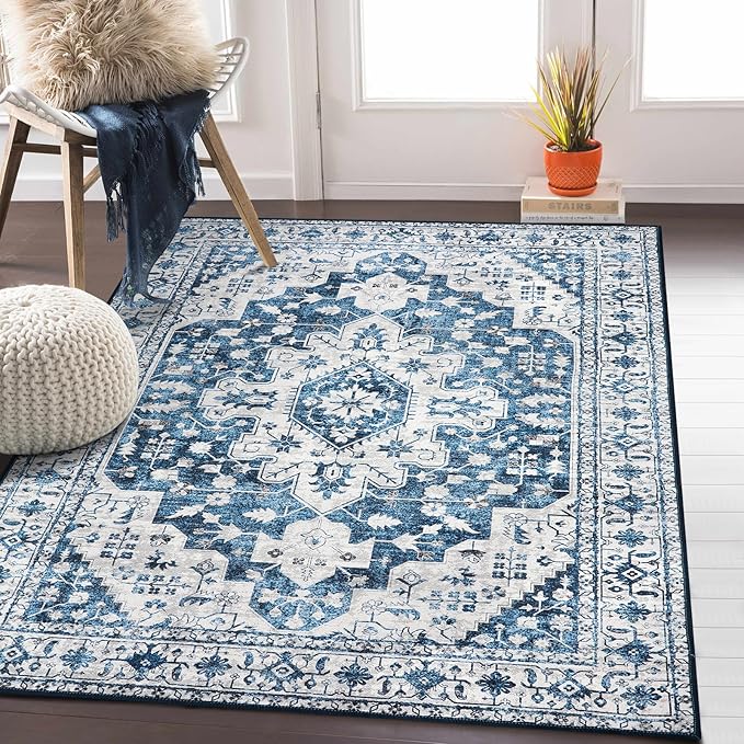 Moynesa Ultra-Thin Vintage 8x10 Area Rugs - Blue Bedroom Rugs for Living Room Non-Slip Stain Resistant, Printed Oriental Playroom Mat Indoor Floor Carpet for Dining Table Office Decor