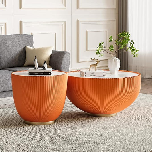 Round Coffee Table Set with Sintered Stone Tabletop, 29.53" Orange Drum Center Table and 19.69" Orange Coffee Table Set, 2 Pieces Living Room Table Set with Fluted PU Leather Cover&Metal Base