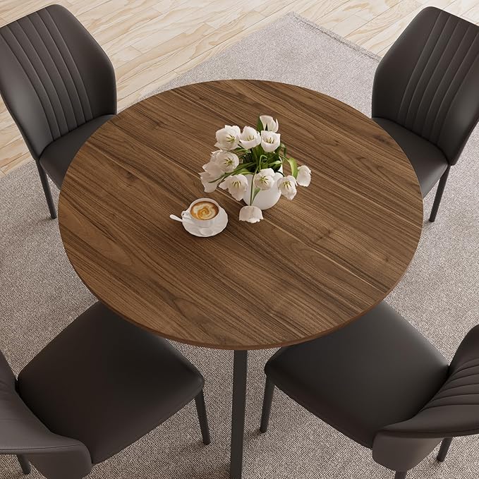 34.6'' Round Dining Table and Chairs for 4 Space Saving for Apartment Kitchen Dining Room (Walnut Table+4 Black Chairs)