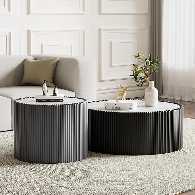 Round Coffee Table Set with Sintered Stone Tabletop, 29.52" Black Drum Center Table and 17.71" Grey Coffee Table Set, 2 Pieces Living Room Table Set with Fluted PU Leather Cover& Stable Base