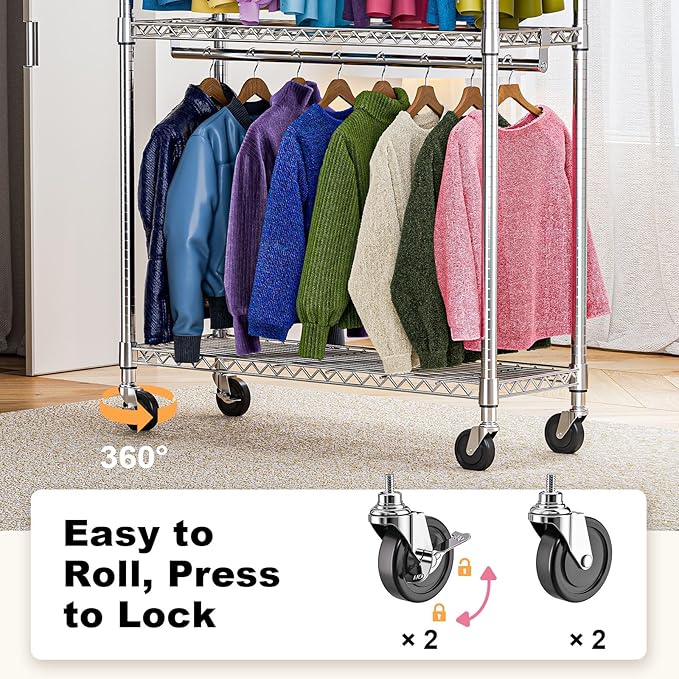 Heavy Duty Rolling Garment Rack 3 Tiers Adjustable Wire Shelving Clothes Rack with 2 Rods and Side Hooks,Storage Closet Clothing Rack with Wheels Chrome 15.7" D x 45.3" W x 79.6" H