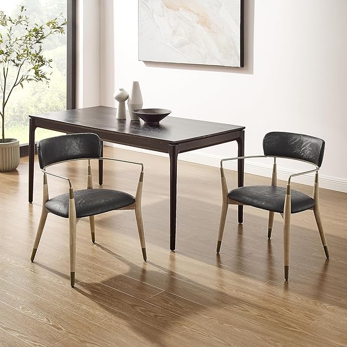 Art Leon Dining Chairs Set of 4 - Mid Century Modern Dining Room Chairs, Faux Leather Upholstered Accent Arm Chair with Open Backrest, Wishbone Chair with Wood Legs, Black, CC084