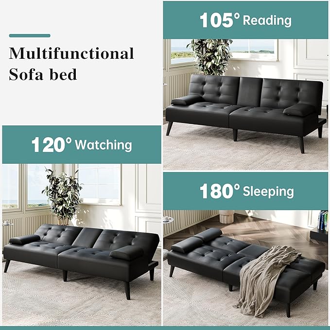 Meilocar Futon Sofa Bed Couch, Small Futon Set, Convertible Sofa Bed for Living Room Office, 2 Cup Holders, Removable Armrest, 3 Angles Backrest (PU Leather, Black)