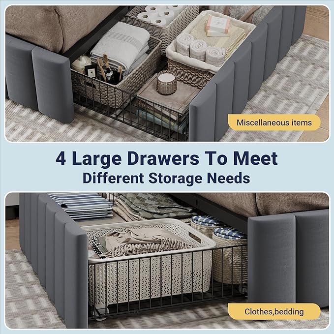 Allewie Queen Size Platform Bed Frame with 4 Large Storage Drawers, Velvet Vertical Channel Tufted Upholstered Bed Base, Wooden Slats Support, Noise-Free, No Box Spring Needed, Easy Assembly, Grey