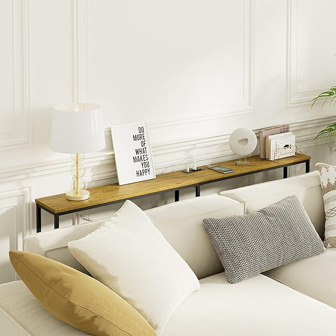 63 Inch Console Table with Power Outlet,Modern Narrow Long Sofa Table Behind Couch,Skinny Entry Table with Black Metal Frame for Entryway,Living Room, Hallway,3D Oak