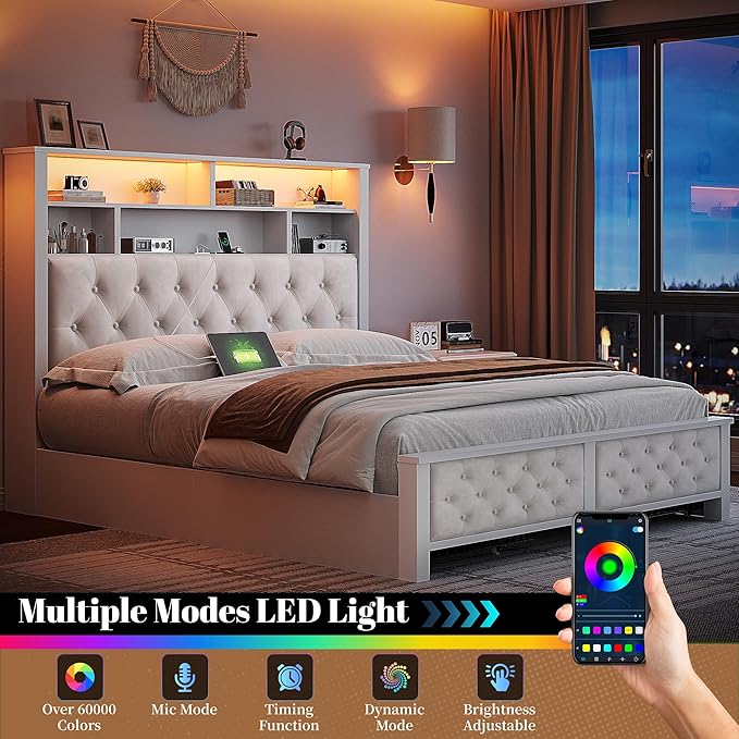 EnHomee Full Size Bed Frame with 4 Storage Drawers and Headboard Upholstered,Wooden Full Bed Frame with Charging Station and LED Light,NO Noise,No Box Spring Needed,Beige