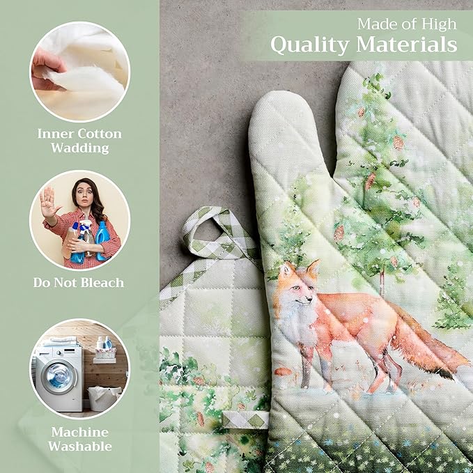 Maison d' Hermine 100% Cotton Oven Mitt & Pot Holder Set (7.5"x13" & 8"x8") Heat Resistant BBQ Cooking Gloves with Loop for Thanksgiving Christmas Decorations Handling Hot Pans (Winter Mornings)