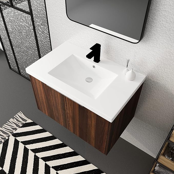 Goujxcy 30" Wall Mounted Bathroom Vanity with Sink, Modern Floating Bathroom Cabinet with White Resin Wash Basin & Storage Cabinet, Soft-Close Door Wood Hanging Bath Room Cabinet