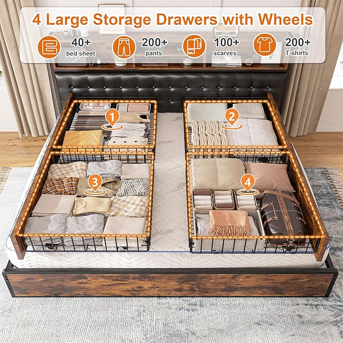 EnHomee King Size Bed Frame with 4 Storage Drawers, King Bed Frame and Headboard Built in Charging Station,No Noise,No Box Spring Needed,Vintage Brown