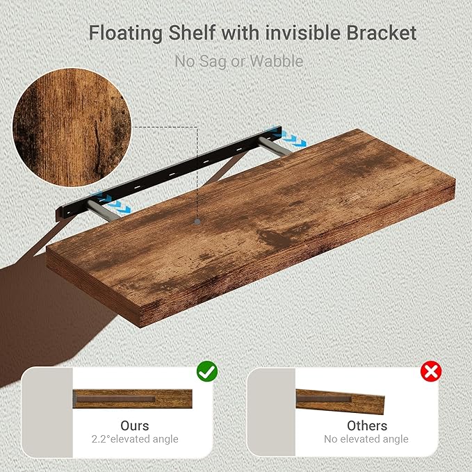 Vivelove 24 inchs Bathroom Floating Shelves for Wall, 9.1” Deep x 1.6” Thick Wall Shelves for Bedroom, Living Room, Kitchen, Office, Rustic Farmhouse Shelf Decor with Invisible Bracket, Set of 2