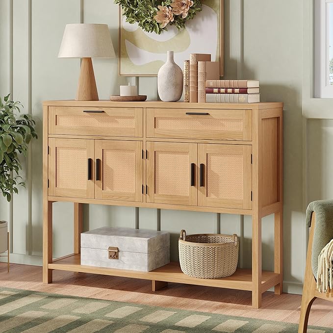 Maupvit Entryway Console Table with Large Storage Space, Sofa Table with Rattan Cabinet Doors, Buffet Table for Living Room, Hallway, Foyer Furniture for Home Decor, Nature Wood Color