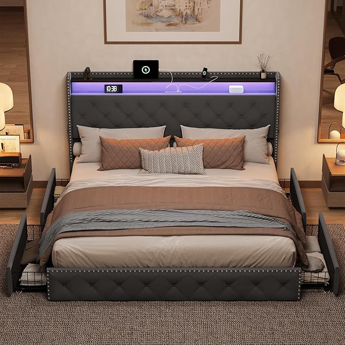 BRELTAM King Size Bed Frame with 4 Storaged Drawers Upholstered Velvet Bed Frame with LED and Charging Station,Platform Bed Frame with Headboard Heavy Duty Wood Slats, Noise Free, Easy Assembly,Grey