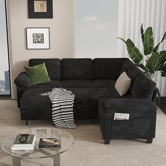 76.8" Modular Sectional Sleeper Sofa with Pull Out Bed,U Shaped 5 Seat Sectional Sofa with Storage,Modular Couch for Living Room,Deep Seat Couch with Removable Sofa Cover,Black