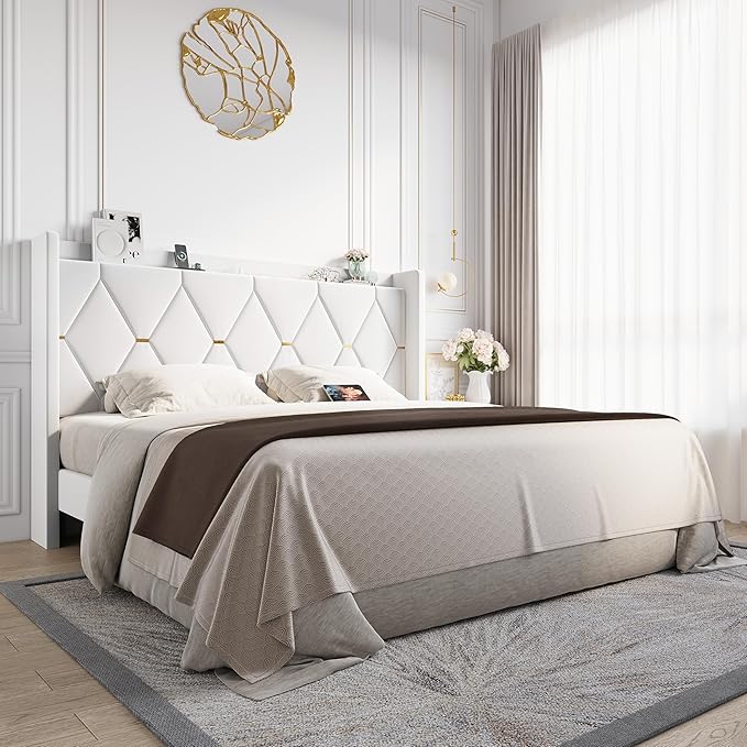 Allewie Velvet King Size Upholstered Bed Frame with Wingback Storage Headboard & Charging Station, Platform Bed with Diamond Tufted Design & Gold Trim, No Box Spring Needed, Easy Assembly, White