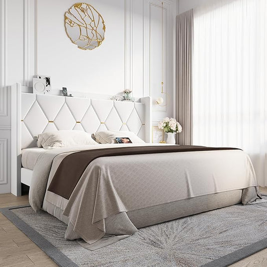 Allewie Velvet King Size Upholstered Bed Frame with Wingback Storage Headboard & Charging Station, Platform Bed with Diamond Tufted Design & Gold Trim, No Box Spring Needed, Easy Assembly, White