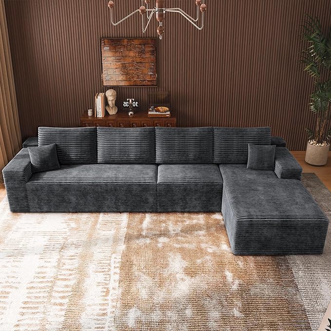 3-Piece Boneless Modular Sectional Sofa, Cloud Couch with Right Facing Chaise, Oversized Deep Seat, Soft Corduroy Fabric, Sectional Couch for Living Room-Grey