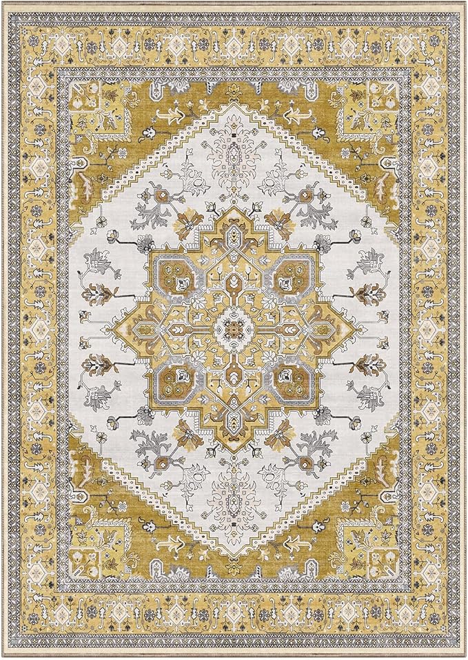 OPPODREAM Thin Area Rugs 5x7, 5x7 Washable Rug with Non Slip Backing, 5 x 7 Faux Cashmere Low-Pile Carpet, Yellow