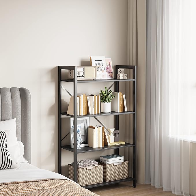 4-Tier Bookshelf, 47.2'' H Ladder Shelf, Industrial Bookcase, Wooden and Metal Storage Rack, Shelving Unit for Living Room Entryway Office, Black Book Shelves, 24 * 11.8 * 47.2 inches