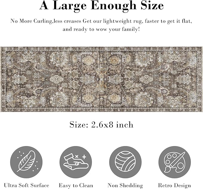 RUGSURE Washable Area Rugs - Perfect for Living Room, Bedroom, Kids Room, Nursery - Stain & Water Resistant Non-Slip, Pet & Child Friendly, Vintage Tribal Area Rugs (Ivory, 2'6'' x 8')