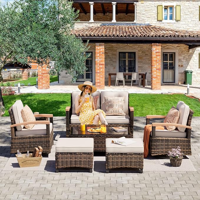 MEISSALIVVE 7 Pieces Patio Furniture Sets,PE Wicker Outdoor Conversation Sets with 2 Wood Armrests Swivel Rocker Chairs, 2 Ottoman, 2-seat Sofa and Coffee Table(Brown)