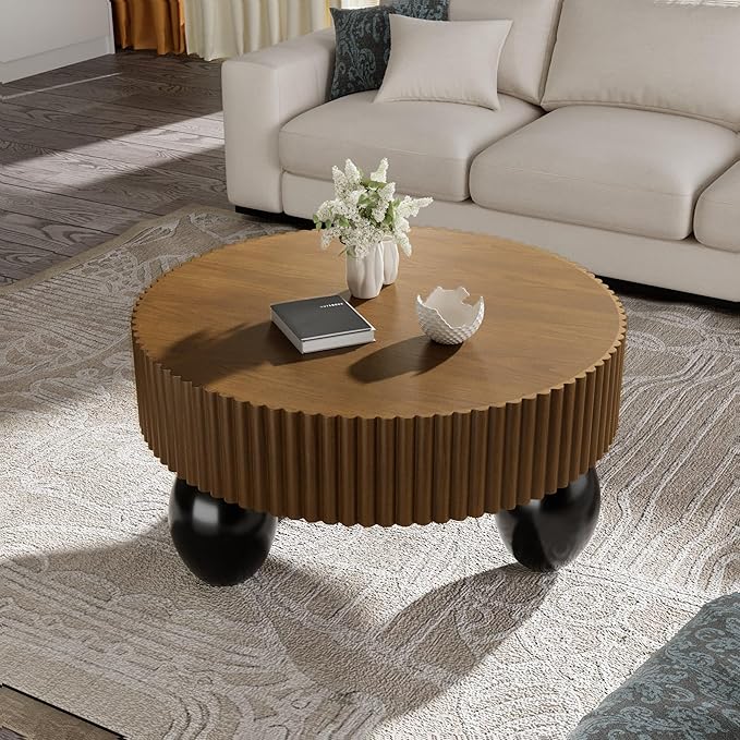 Round Fluted Coffee Table for Living Room, 31.5'' Farmhouse Luxury Round Coffee Tables with 3 Sturdy Leg Base, Natural Wood Grain Veneer Handcrafted Relief Tea Table for Apartment Small Space,Brown
