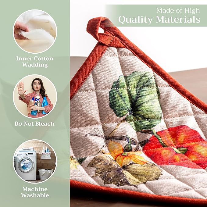Maison d' Hermine Pot Holders 100% Cotton Heat Resistant Potholders 8" x 8" Hot Pads with Loop for Thanksgiving Christmas Decorations BBQ Cooking Baking Handling Hot Pans (Pack of 1, Potiron)