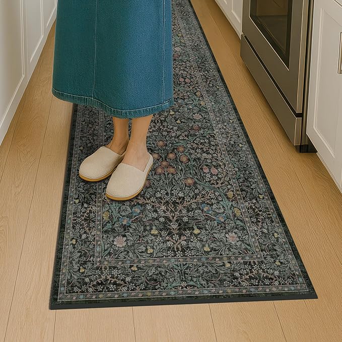 Vintage 3x8 Wide Runners for Hallways, Long 8ft Floor Runner for Kitchen, Entryway Indoor, Washable Non Skid Rubber Backing Stain Resistant - Dark Green Floral Décor