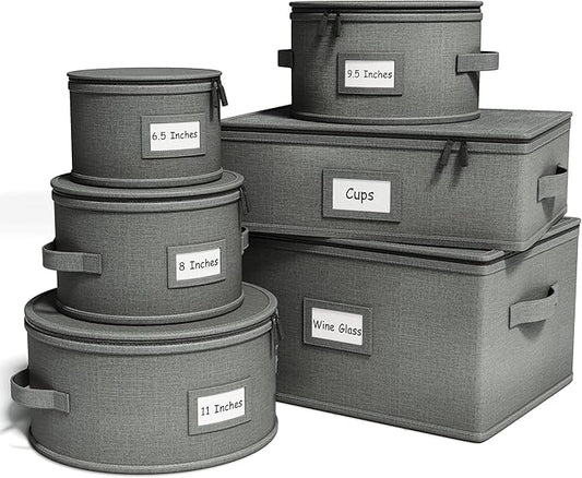 Hard Shell China Storage Containers – 6 Piece Set for Storing Dinner Plates, Salad Plates, Mugs, Quilted Dividers for Safe Moving and Seasonal Storage, Grey